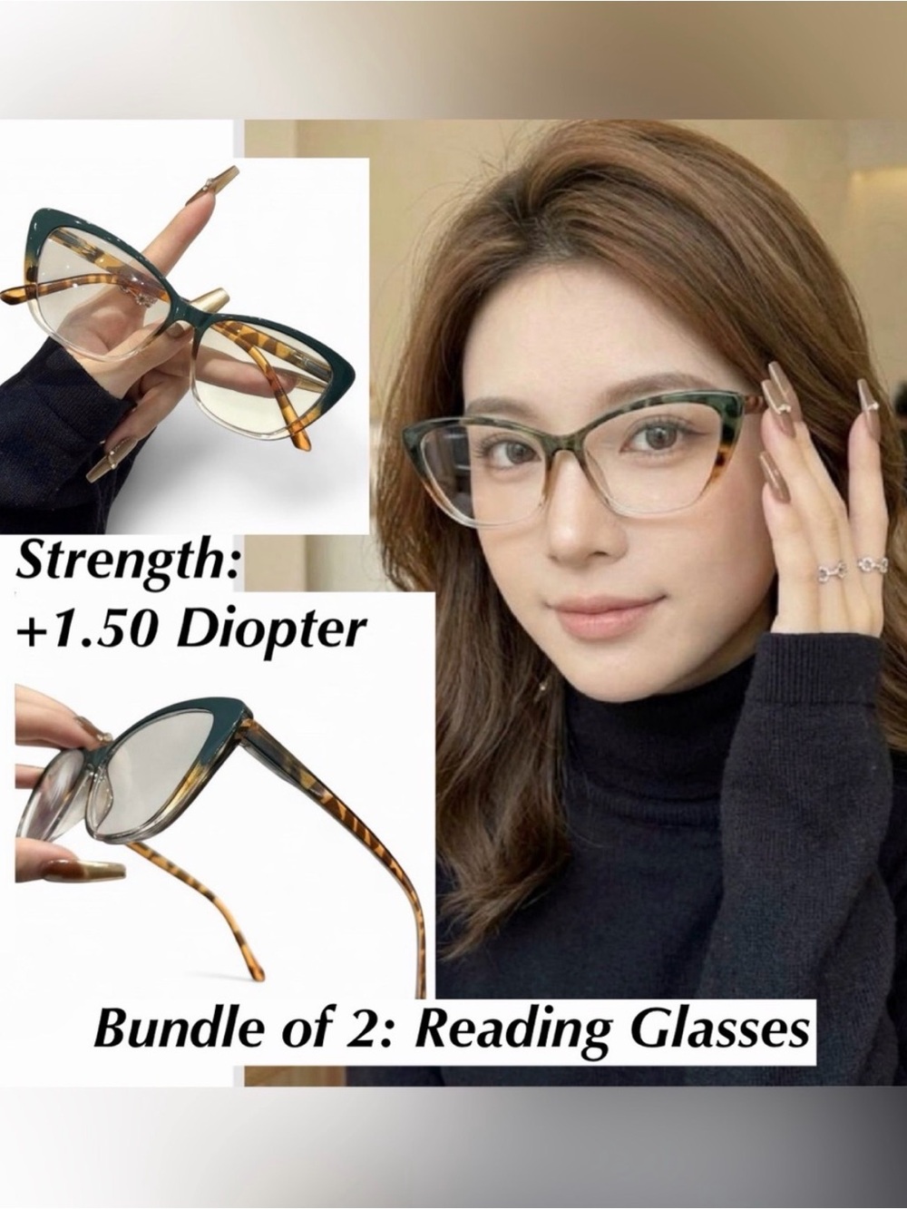 Cat-Eye Reading Glasses - Green & Tortoiseshell - +1.50 Strength (Bundle of 2)